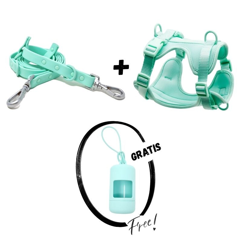 PACK CORREA MANOS LIBRES + ARNES NEOPRENO + REGALO PORTA BOLSAS (VERDE MINT))